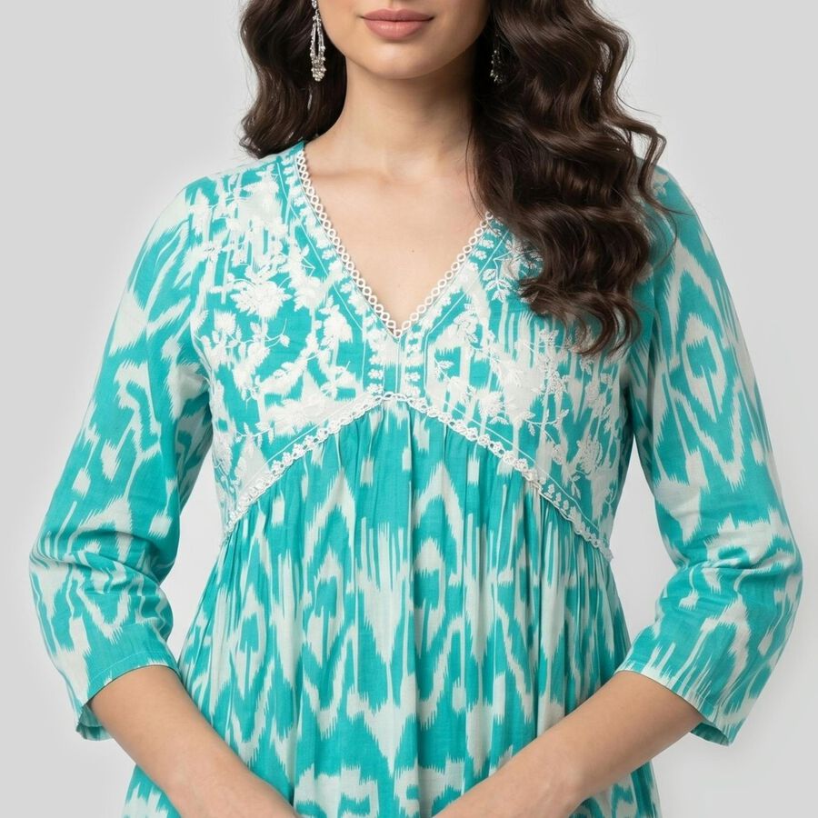 Women's Aqua Cotton V-Neck Printed Kurta, एक्वा, large