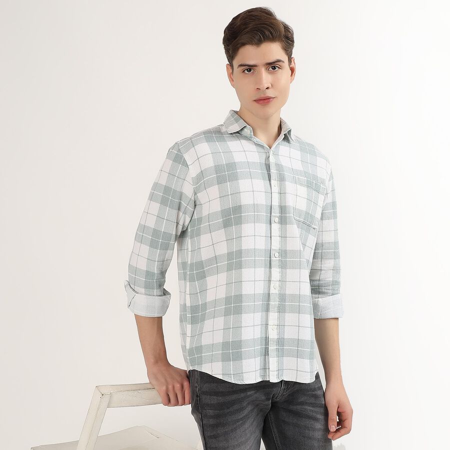Men's Muted Aqua Cotton Checkered Casual Shirt, Aqua, large