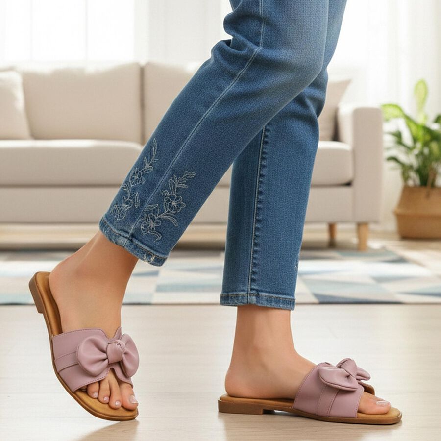 Women's Purple Bow Slip-On Slide Sandals, Purple, large