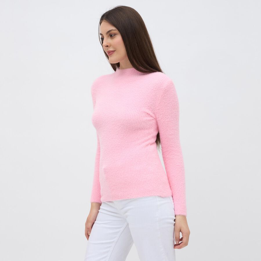 Women's Light Pink Crew Neck Slim Fit Pullover, हल्का गुलाबी, large image number null