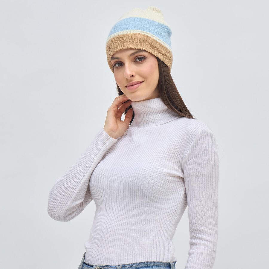 Women's Beige and Blue Knitted Beanie Cap, हल्का नीला, large image number null