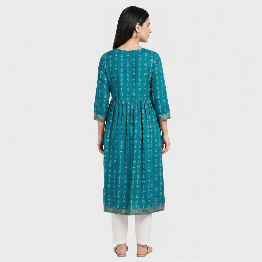Women's Light Blue Round Neck Printed Flared Kurta, Light Blue, large