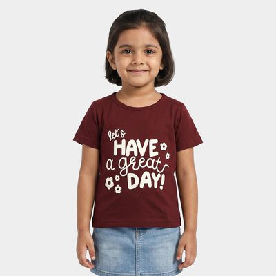 Girls Wine Cotton Blend Round Neck Regular T-Shirt