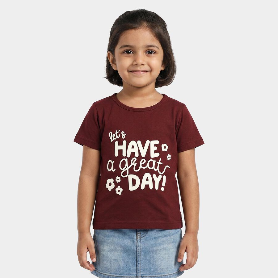 Girls Wine Cotton Blend Round Neck Regular T-Shirt, Wine, large