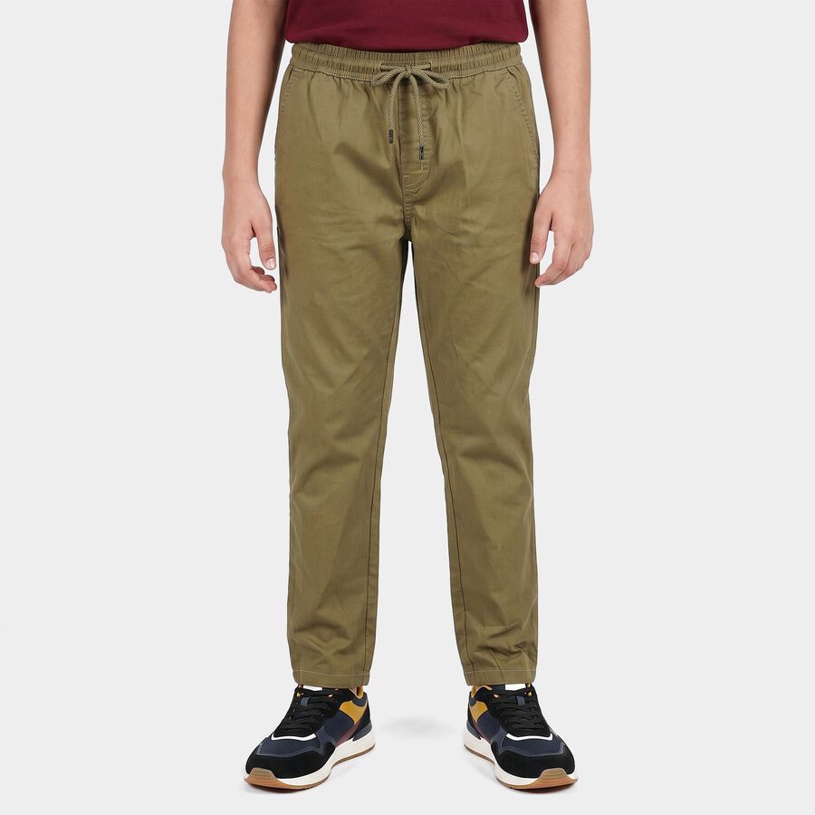 Boys' Olive Green Straight Fit Drawstring Waist Trousers, ओलिव, large