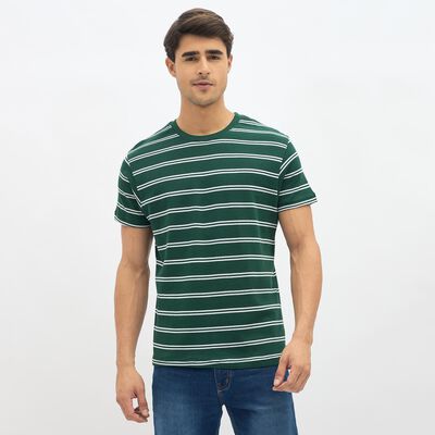 Men's Deep Forest Green Round Neck Striped T-Shirt