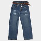 Girls' Blue Regular Fit Cotton Jeans, Mid Blue, small