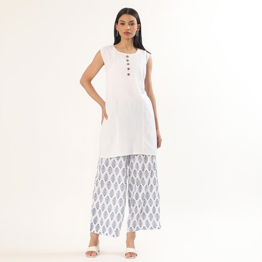 Women's White and Blue Printed Wide-Leg Palazzos, सफ़ेद, large image number null