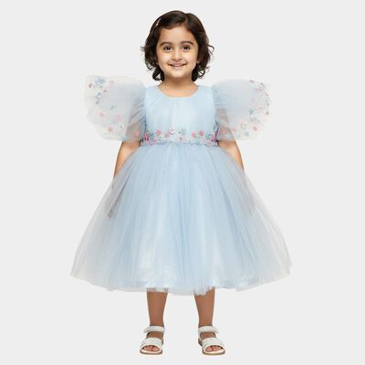 Girls' Light Sky Blue Floral Embroidered Puff Sleeve Party Frock