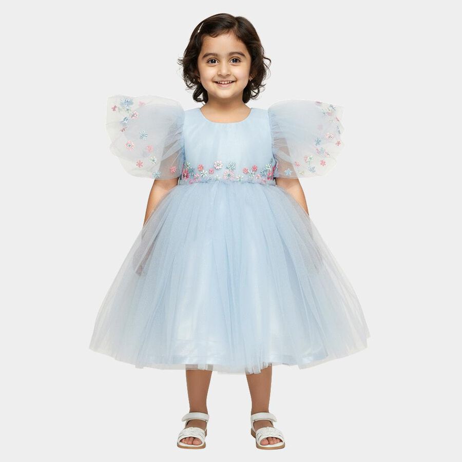 Girls' Light Sky Blue Floral Embroidered Puff Sleeve Party Frock, Light Blue, large image number null
