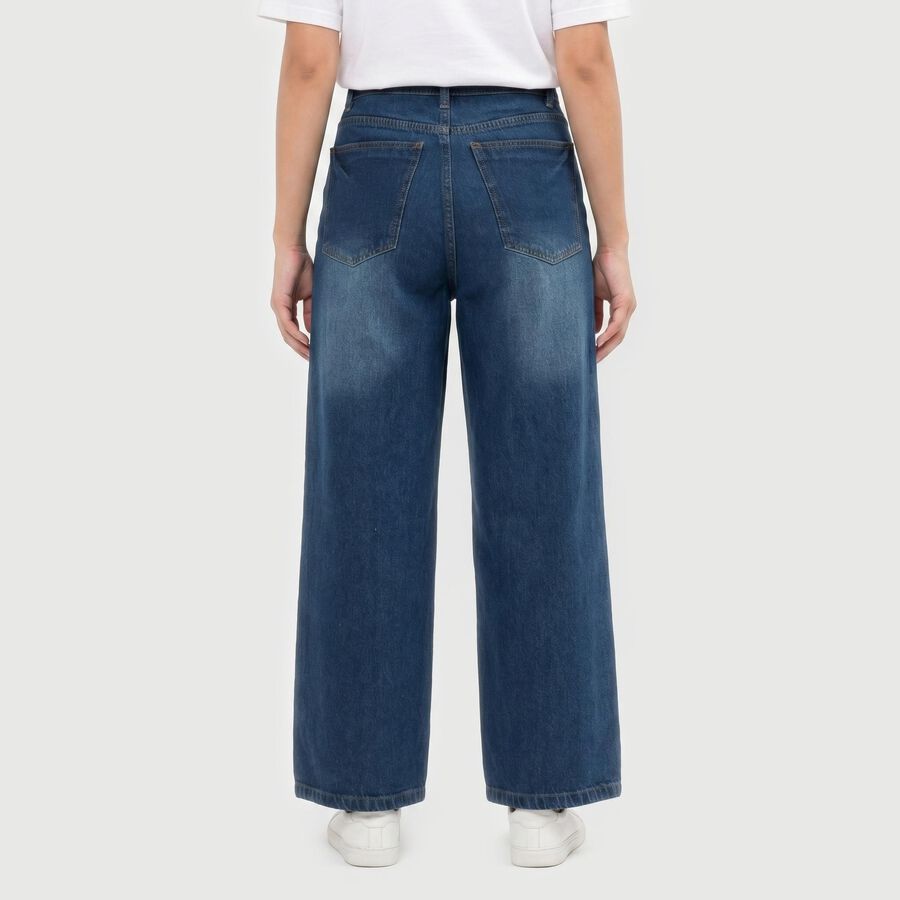 Women's Blue Wide Leg Fit Washed Jeans, Mid Blue, large