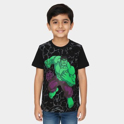 Boys Black Cotton Round Neck Hulk Printed T-Shirt