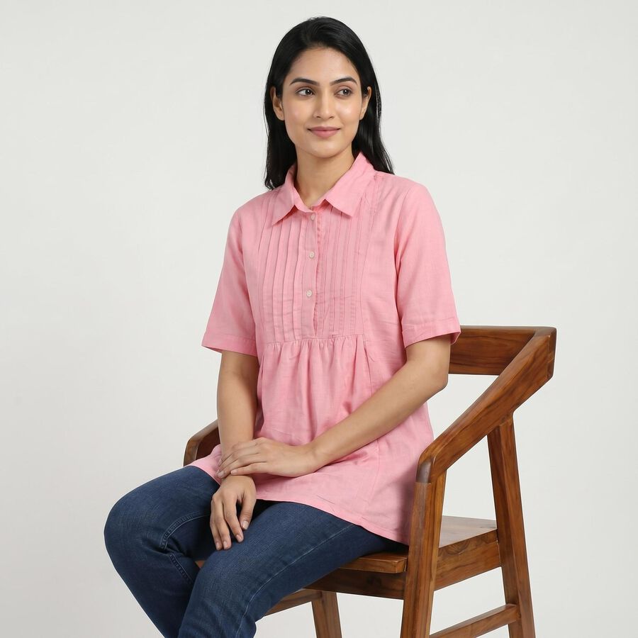 Women's Pink Collar Neck Solid A-Line Kurti, Light Pink, large