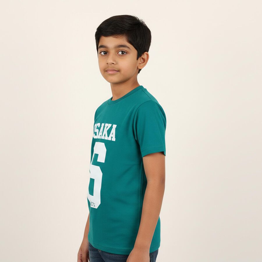 Boys Vibrant Teal Green Crew Neck Casual Graphic T-Shirt, गहरा हरा, large image number null