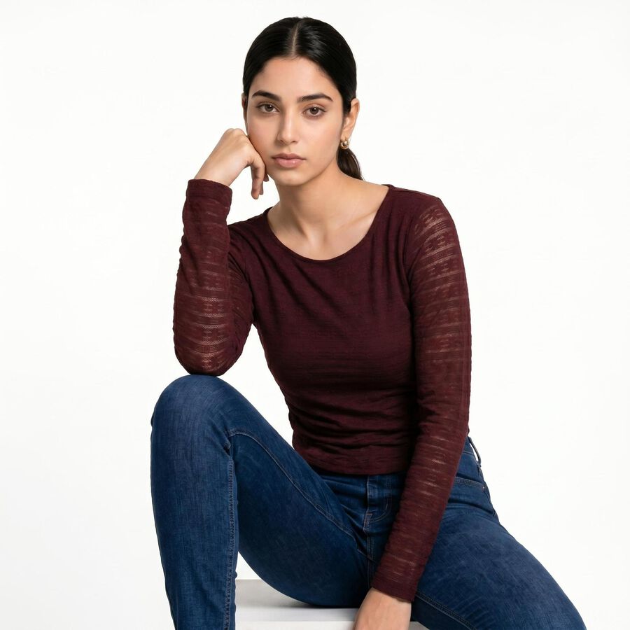 Women's Wine Round Neck Regular Top, वाइन, large