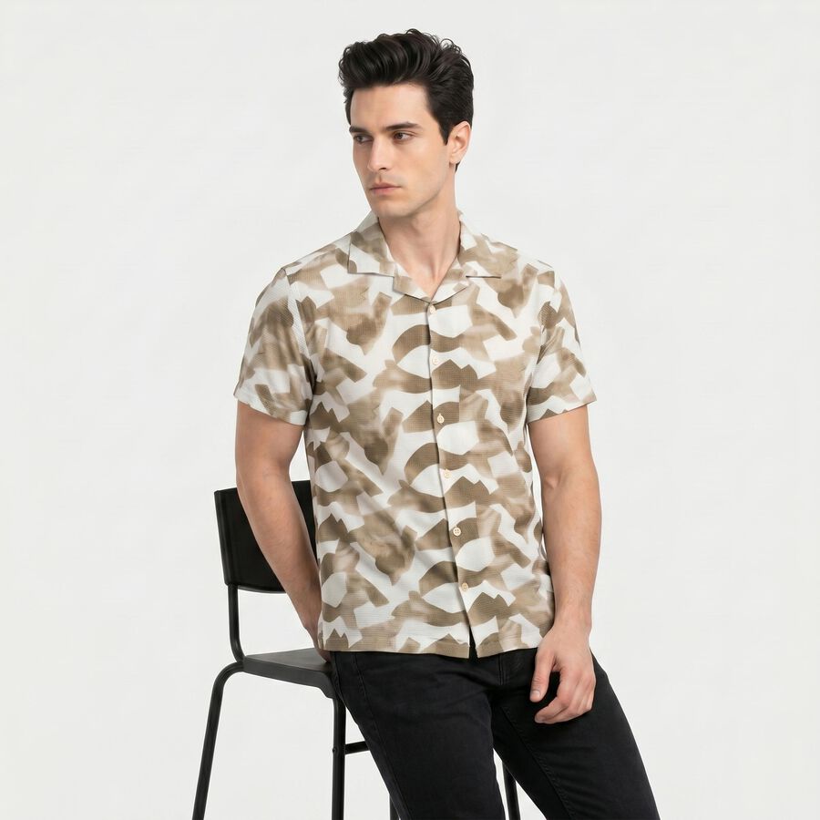 Men's Brown Cotton Camp Collar Casual Shirt, भूरा, large