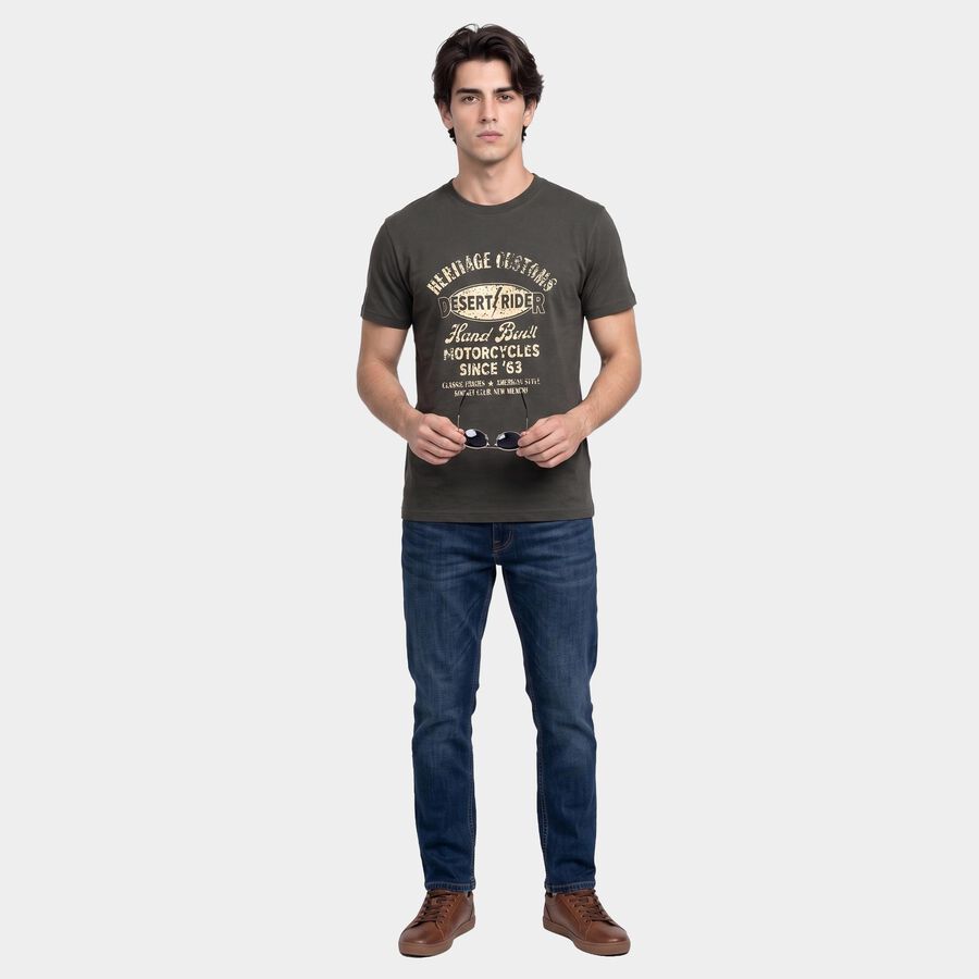 Men's Olive Green Round Neck Regular Graphic Print T-Shirt, हल्का हरा, large