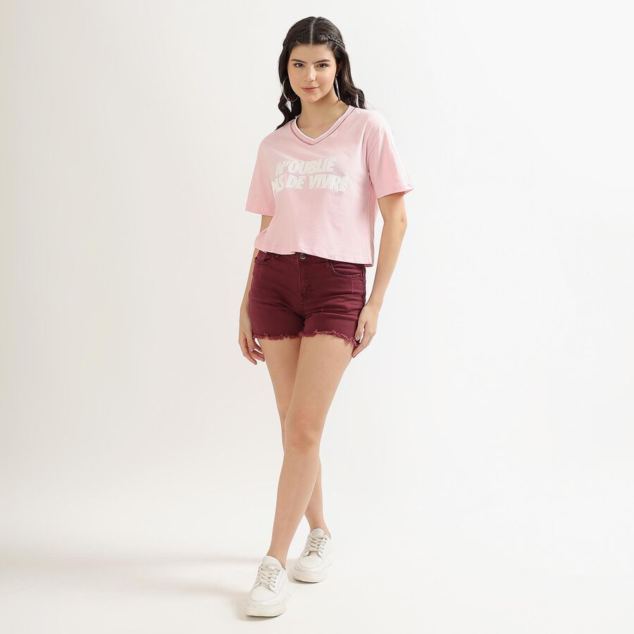 Women's Soft Pink Cotton Round Neck Crop T-Shirt, Pink, large image number null