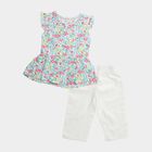 Girls' White Round Neck Floral Printed Top and Capri Set, White, small