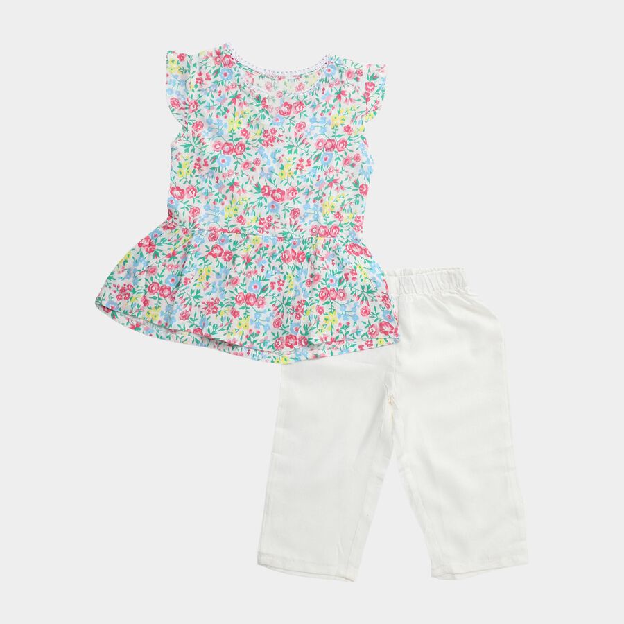 Girls' White Round Neck Floral Printed Top and Capri Set, White, large