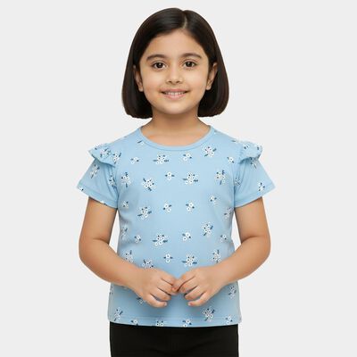 Girls Light Blue Cotton Round Neck Casual T-Shirt
