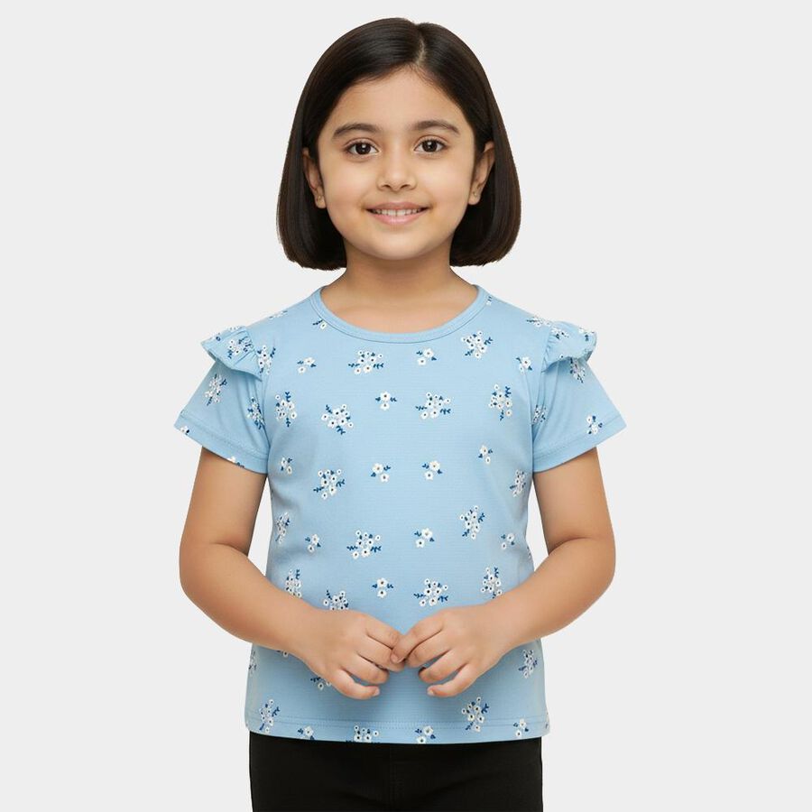 Girls Light Blue Cotton Round Neck Casual T-Shirt, Light Blue, large