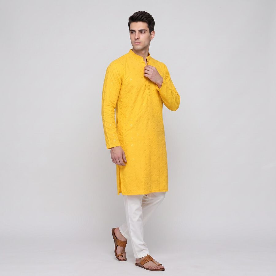Men's Yellow Mandarin Collar Embroidered Kurta Set, पीला, large