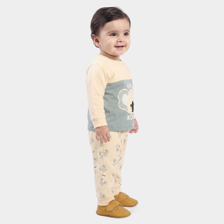 Infants' Beige Cotton Round Neck Koala Graphic Baba Suit, Beige, large