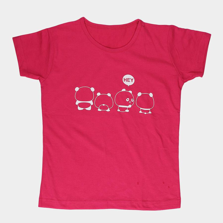 Girls Fuchsia Cotton Blend Round Neck Casual T-Shirt, Fuchsia, large