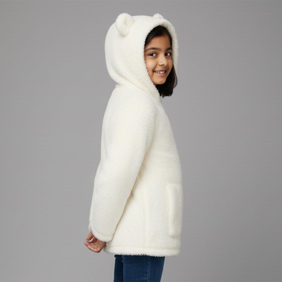 Girls' White Hooded Casual Jacket, Off White, large image number null
