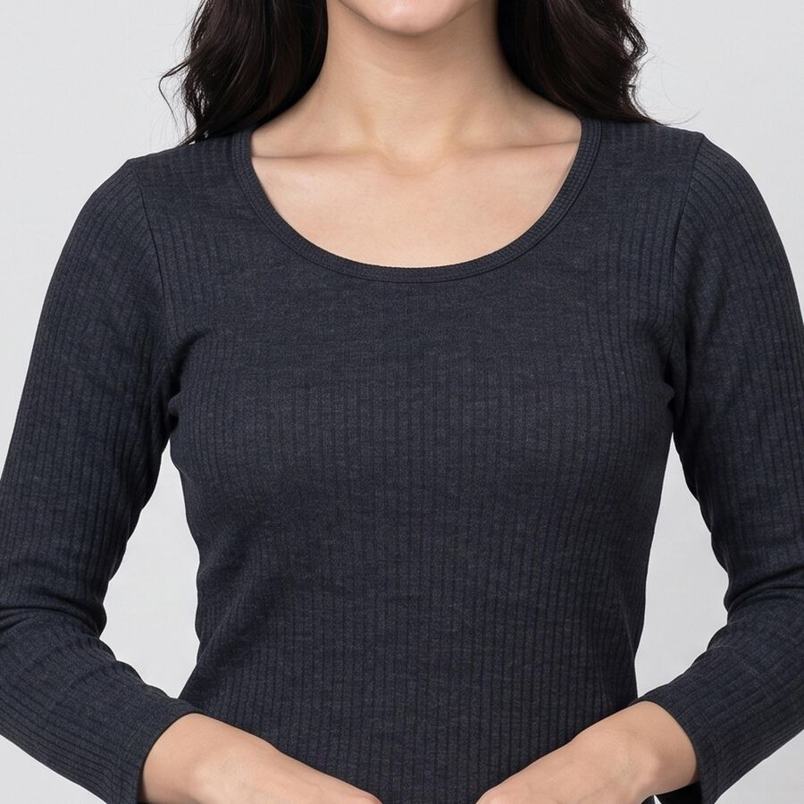 Women's Navy Blue Ribbed Thermal Top, मध्यम नीला, large