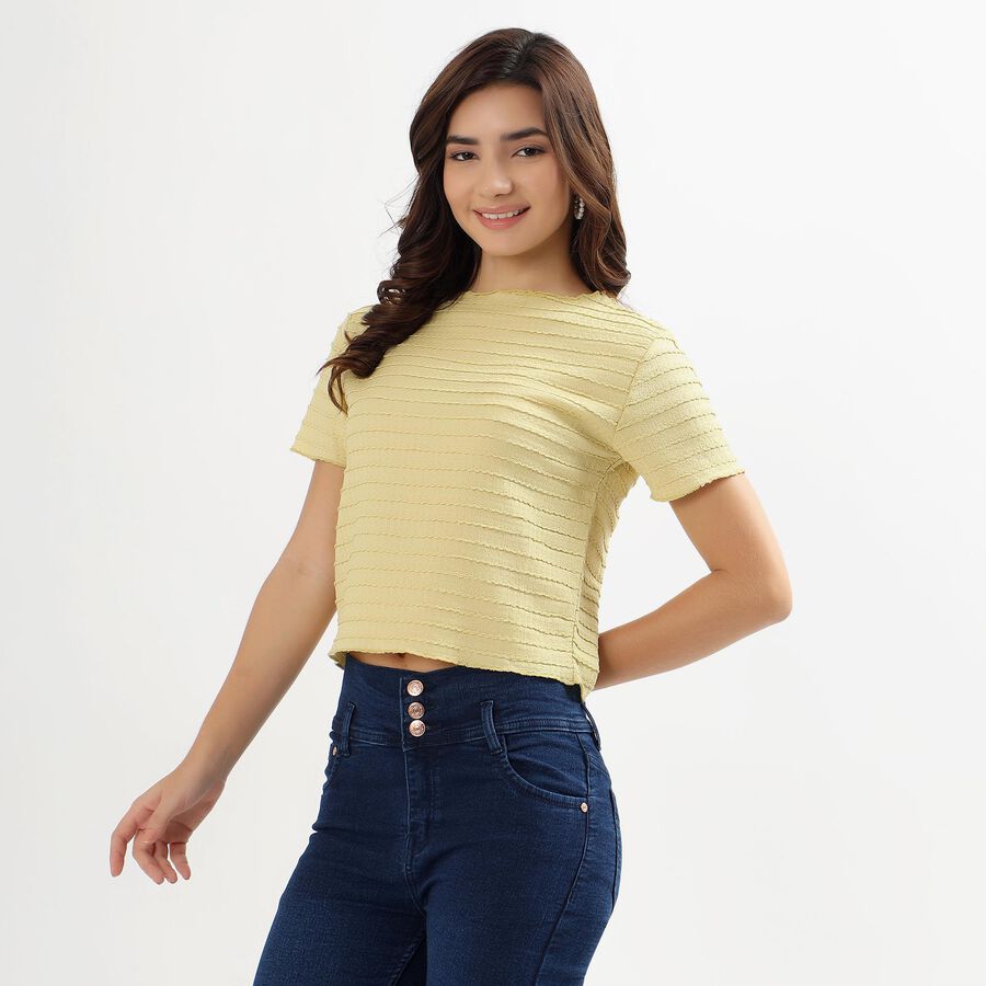 Ladies' Light Yellow Round Neck Casual Crop Top, खाकी, large