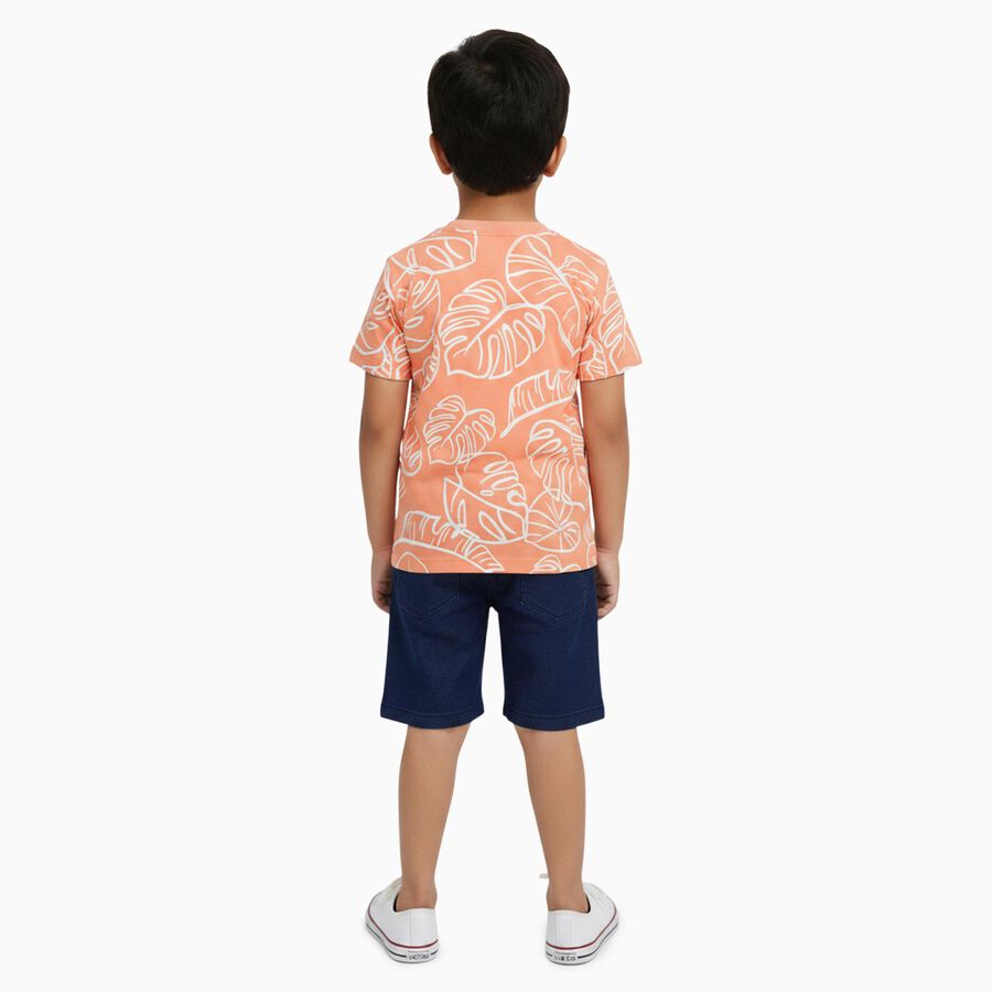 Boys' Coral Cotton Round Neck Tropical Printed Baba Suit, Coral, large image number null