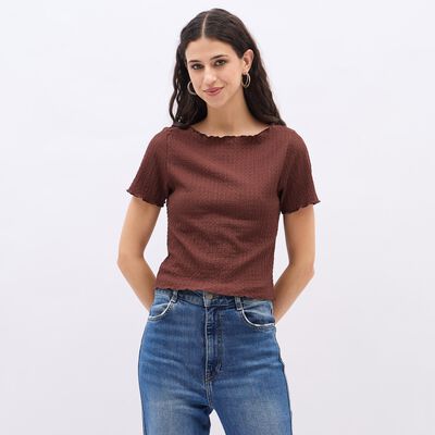 Women's Deep Brown Lettuce Edge Neckline Casual Top