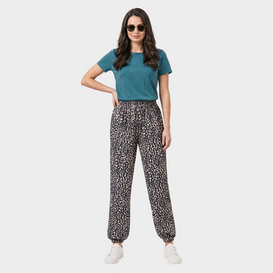 Women's Light Blue Relaxed Fit Leopard Print Harem Pants, हल्का नीला, large