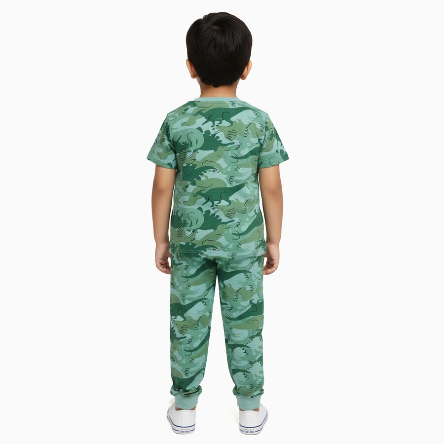 Boys Muted Sage Green Round Neck Cartoon Print Night Suit, ओलिव, large image number null