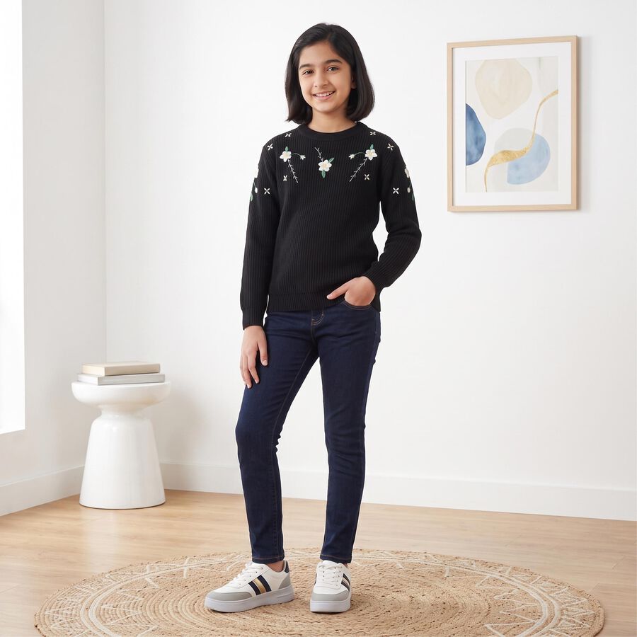 Girls Black Crew Neck Embroidered Pullover, काला, large