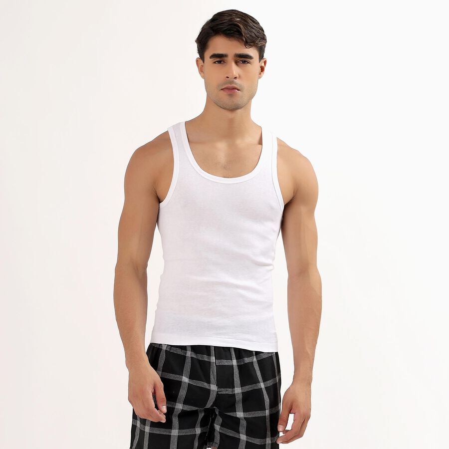 Boys' Bright White Cotton Round Neck Sleeveless Vest, White, large image number null