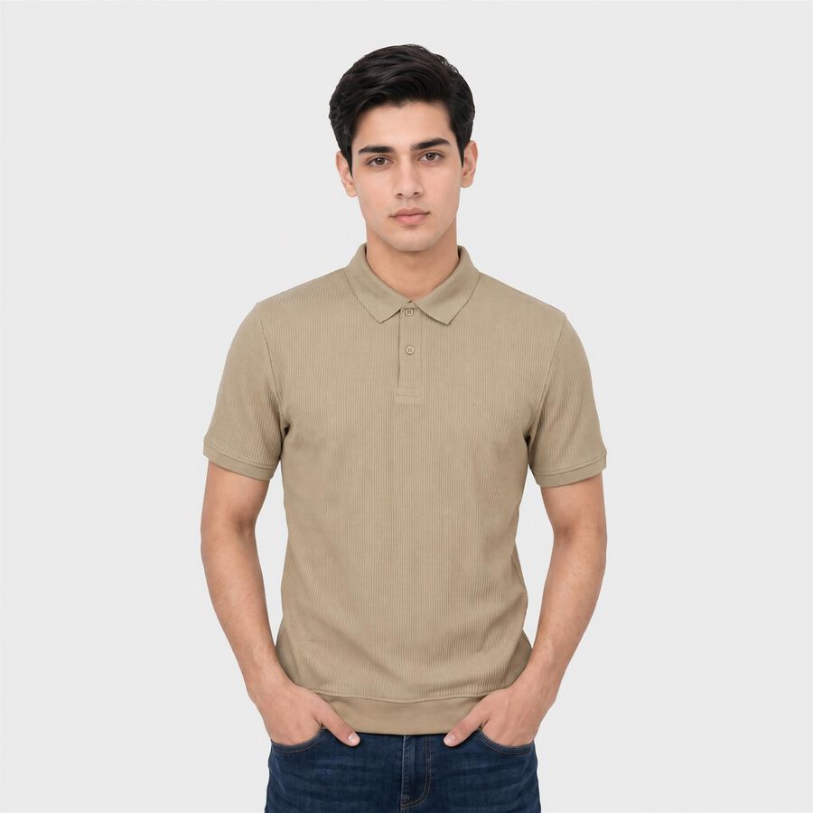 Men's Beige Collared Polo Collared Half Sleeves T-Shirt, गहरा पीला, large