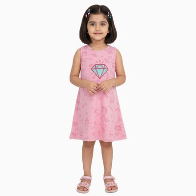 Girls' Pink Unicorn Print Sleeveless A-Line Frock