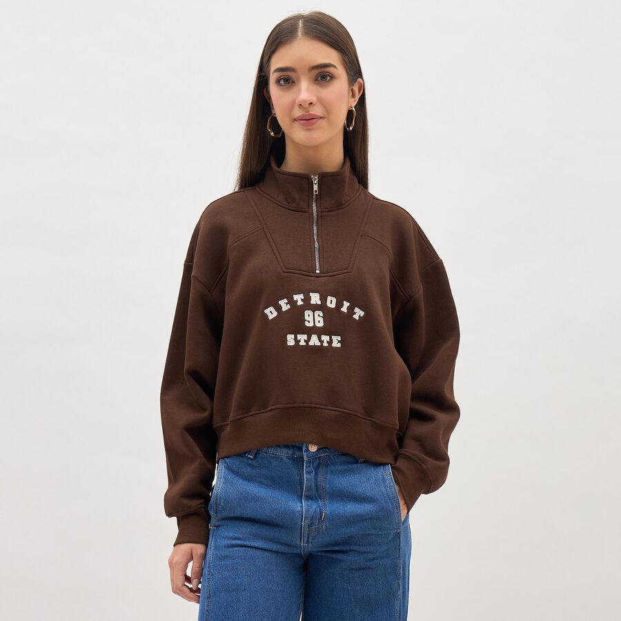 Women's Dark Chocolate Brown Half Zip Casual Sweatshirt, भूरा, large image number null