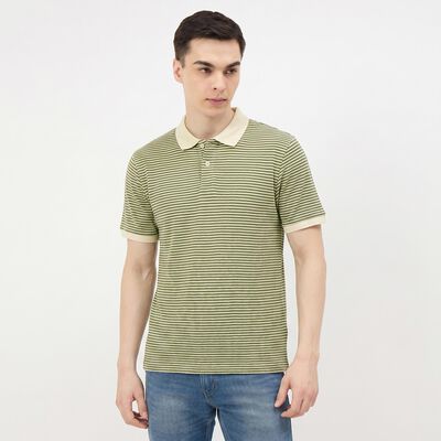 Men's Green Polo Neck Striped T-Shirt