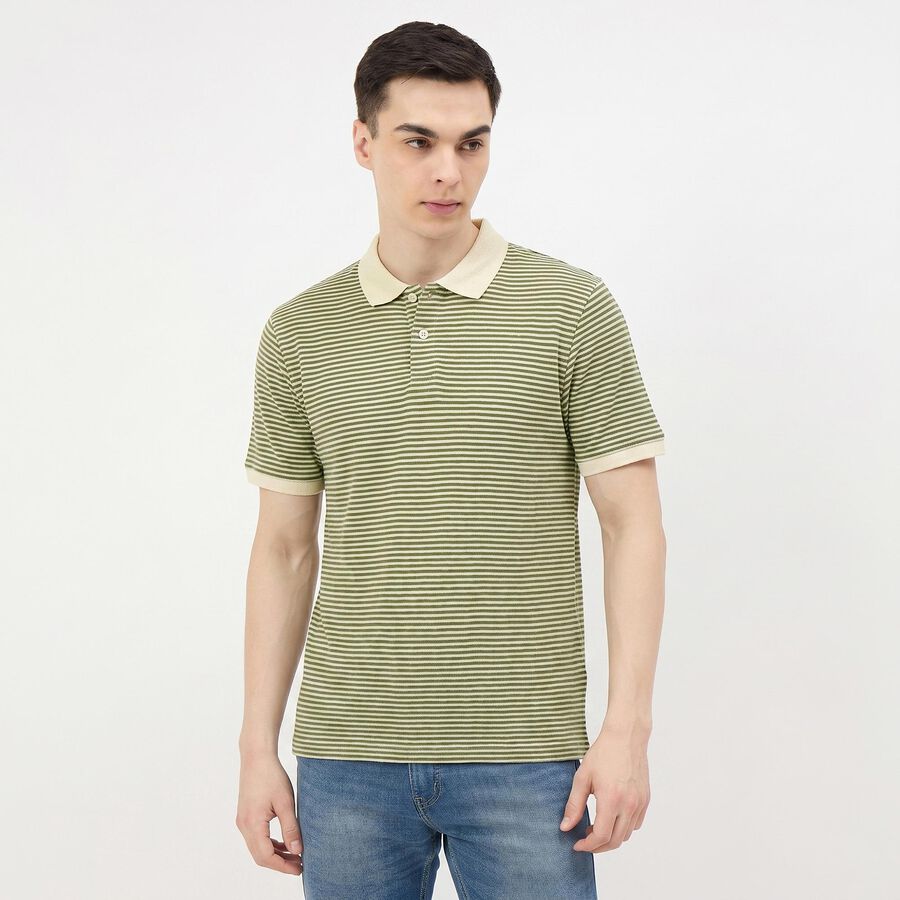 Men's Green Polo Neck Striped T-Shirt, हल्का हरा, large