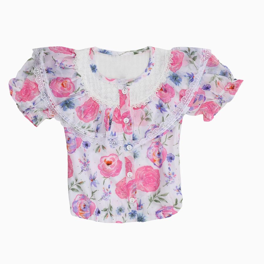 Girls White Round Neck Romantic Floral T-Shirt, ऑफ व्हाइट, large