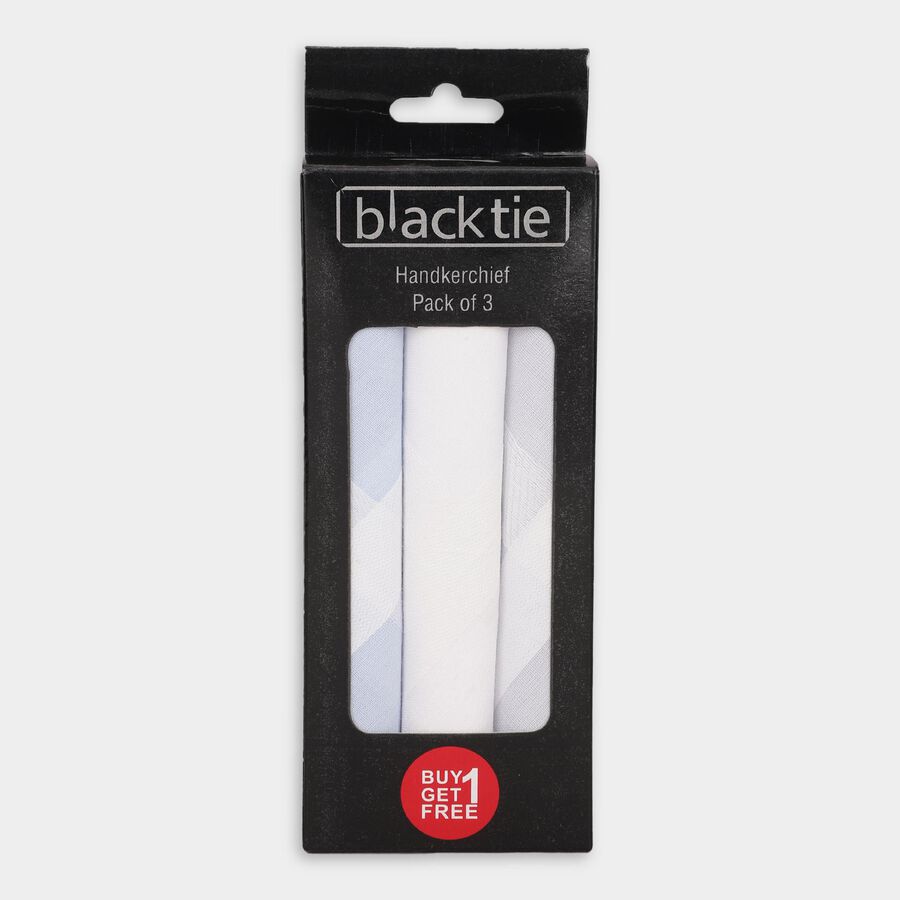 Men's White and Light Blue Checked Pack of 3 Handkerchief, Light Blue, large