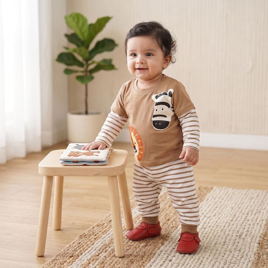 Infants' Beige 100% Cotton Round Neck Baba Suit, Beige, large