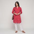 Women's Fuchsia Cotton Band Collar Floral Printed Straight Kurta, Fuchsia, small