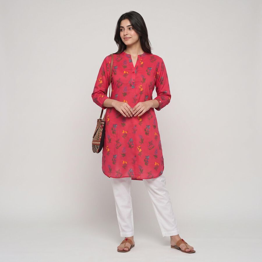 Women's Fuchsia Cotton Band Collar Floral Printed Straight Kurta, Fuchsia, large