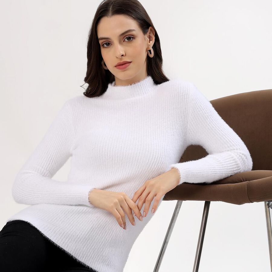 Women's Off White High Neck Fitted Pullover, ऑफ व्हाइट, large image number null