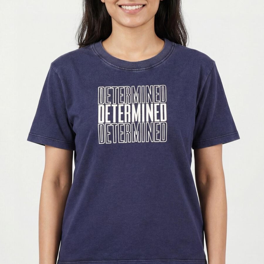 Women's Navy Blue Round Neck Casual T-Shirt, Navy Blue, large